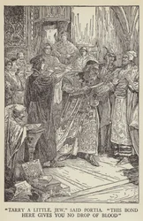 Espera un poco, judío, dijo Porcia, este contrato no te da ni una gota de sangre