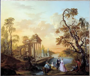 Homenaje al Amor Escena romántica en un paisaje de ruinas antiguas al anochecer. Pintura de Louis Joseph Watteau dit Watteau de Lille (1731-1798)