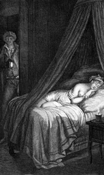Las relaciones peligrosas de Choderlos de Laclos (carta 96). Valmont y Cécile de Volanges. Ilustración grabada por Masquelier después de Mademoiselle Gérard.