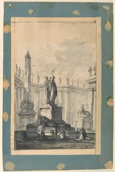 Fantasía arquitectónica con fuente y obelisco