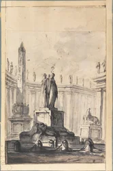 Fantasía arquitectónica con fuente y obelisco