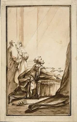 El rey David arrodillado en penitencia