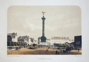 Columna de Julio (Place de la Bastille), París. Litografía acuarela, ilustración de Arnout, en “Album, souvenirs de Paris”, Daziaro editor, París