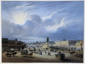 Vista general del Louvre y la estatua de Enrique IV - en "Paris en 1837" de Arnout