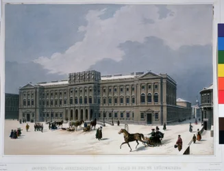 El Palacio Mariinsky en la Plaza de San Isaac en San Petersburgo. Litografía de Louis Jules Arnout (1814-1868), coloreada en acuarela, hacia 1840. Arte francés, clasicismo. Un empujón