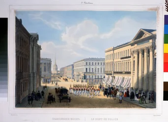 El Puente de la Policía en San Petersburgo, visto desde la Nevsky Prospekt desde el Palacio Stroganov. Litografía de Louis Jules Arnout (1814-1868), coloreada