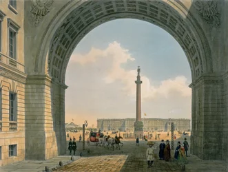 Plaza del Palacio, Vista desde el Arco del Cuartel General del Ejército, San Petersburgo, impreso por Lemercier, París, 1840s