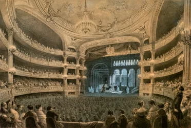 La Academia Imperial de Música, teatro de la Ópera, durante una representación de "Robert le Diable" (1831). Litografía en color.