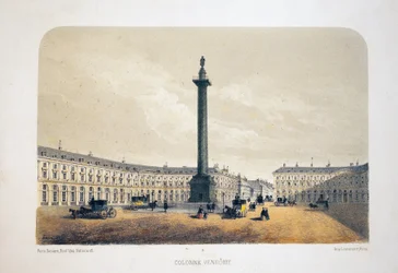 Columna Vendome, París. Litografía acuarela, ilustración de Arnout, en “Álbum, recuerdos de París”, editor Daziaro, París