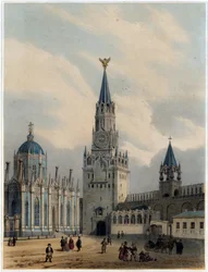 Vista de la Torre del Salvador (o la Torre Spasskaia) y sobre la plaza roja, kremlin, Moscú (Litografía de Louis Jules Arnout)
