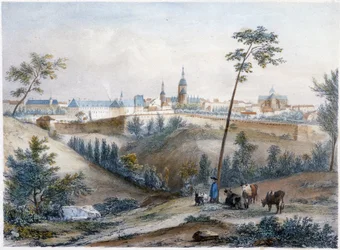Boyero en el campo bretón (Dinan a lo lejos) - litografía por Jacottet y Benoist