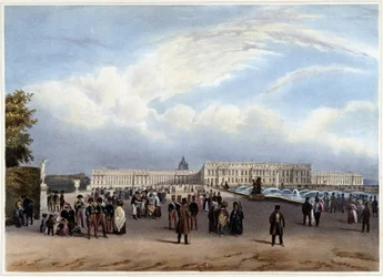 Vista general de la fachada del Château de Versailles - en “Promenade dans Paris et ses environs”, diseñado por Jacottet y Benoist, c. 1840