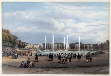 Parc de Versailles: La Fuente del Dragón - en “Promenade dans Paris et ses environs”, diseñado por Jacottet y Benoist, c. 1840