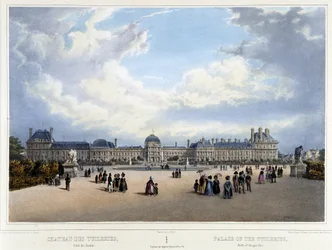 Vista del palacio y el jardín de las Tullerías - en “Promenade dans Paris et ses environs”, por Jacottet y Benoist, París, c. 1840