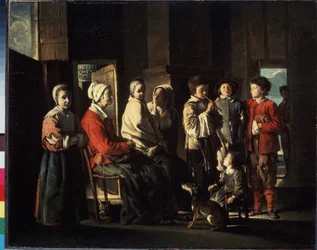 ""La visita a la abuela"" (The Visit to the Grandmother) Familia reunida en torno a una anciana en un interior campesino, uno de los jóvenes toca la flauta. Alegoría de la unidad familiar a través de las diferentes generaciones. Pintura de Luis