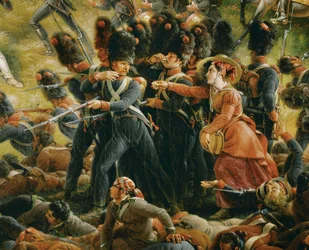 Un seguidor de campamento sirve bebidas a los soldados durante la batalla de Chiclana (óleo sobre lienzo)