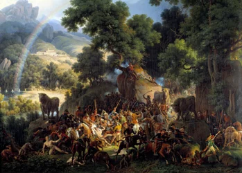 La batalla de Guisando, en el paso del puerto de Avis en las montañas de Guadarrama en Castilla