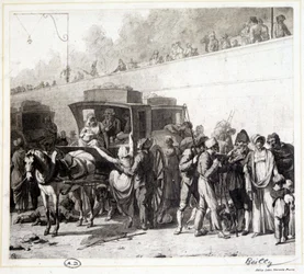 La llegada de una diligencia, heliograbado por Léon Marotte según la pintura de Boilly (1803)