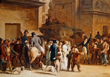 Salida de reclutas en la Puerta Saint Denis de París para luchar en las guerras napoleónicas (pintura sobre lienzo)