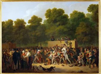 Distribución de vino y comestibles en los Campos Elíseos (pintura sobre lienzo)