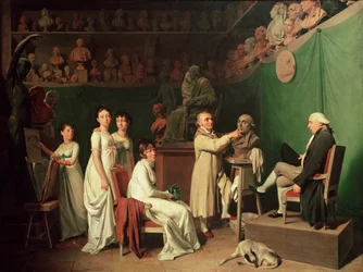 Jean Antoine Houdon (1741-1828) esculpiendo el busto de Pierre Simon (1749-1827) Marqués de Laplace en presencia de su esposa e hijas, 1804