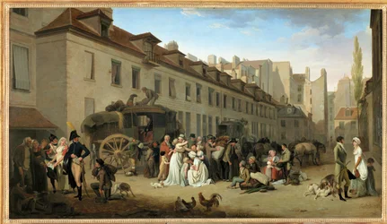 La llegada de un autocar al patio de las Messageries, rue Notre-Dame-des-Victoires, en París ...
