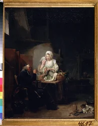 ""The old vicar"" (un viejo coadjutor) Dos mujeres ayudan a un anciano coadjutor en la cocina. Pintura de Louis-Leopold (Louis Leopold) Boilly (1761-1845) 1785-1800 Museo Pushkin, Moscú