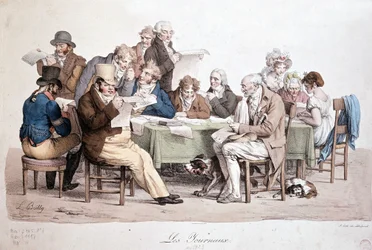 Hombres leyendo periódicos - grabado de Louis Boilly titulado 