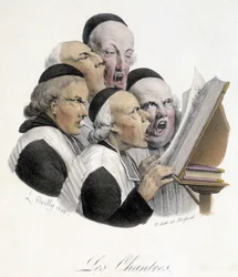 Hombres religiosos cantando (Les chantres). Caricatura de L. Boilly de 1826.