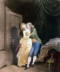 Resistencia suave. Un hombre hace avances a una joven muy elegante. Grabado por Boilly