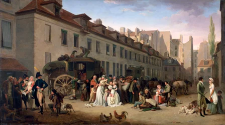 La llegada de una diligencia a la terminal, rue Notre-Dame-des-Victoires, París, 1803