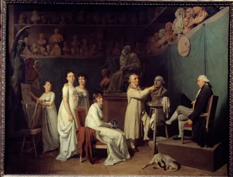 El taller del escultor Jean Baptiste Houdon (1741-1828). El modelo del escultor era el matemático Pierre-Simon Laplace (1749-1827) Marqués de Laplace en presencia de su esposa e hijas