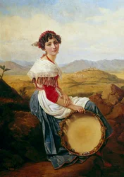 Retrato de un campesino del campo de Roma. Un joven músico italiano con una pandereta