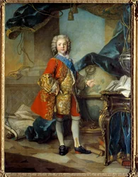 Retrato de cuerpo entero del delfín Luis de Francia (1729 - 1765), hijo de Luis XV, en su estudio
