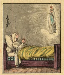 Bernadette Soubirous (1844-1879) - Grabado de "La enseñanza religiosa por los ojos. Álbum maravilloso" de Louis Maitrejean y Georget Ramond - Francia 1910
