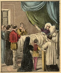 Muerte de San Francisco de Sales - Muerte de San Francisco de Sales (1567-1622) - Grabado de "La enseñanza religiosa por los ojos. Álbum maravilloso" de Louis Maitrejean y Georget Ramond - Francia 1910