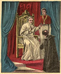 Louis-Gaston de Segur (Louis Gaston de Segur) (1844-1879) Obispo francés en el Vaticano delante del Papa Pío IX - - Grabado de "La enseñanza religiosa por los ojos. Álbum maravilloso" de Louis Maitrejean y Georget Ramond - Francia 1910