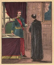 Napoleón III y Louis-Gaston de Segur (Louis Gaston de Segur) (1820-1881) obispo francés en el Elíseo - - Grabado de "La enseñanza religiosa por los ojos. Maravilloso álbum" de Louis Maitrejean y Georget Ramond - Francia 1910