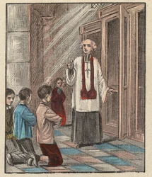 Preparación para el estreno de la comunión - Catecismo - (Primera Comunión) Preparación para la primera comunión - - Grabado de "La enseñanza religiosa por los ojos. Álbum maravilloso" de Louis Maitrejean y Georget Ramond - Francia 1910