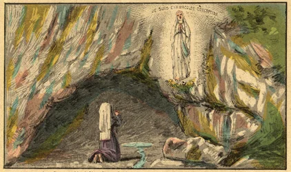 La aparición de la Virgen María en Lourdes - La Virgen se aparece a Bernadette Soubirous (1844-1879) en Lourdes en 1858 - - Grabado de "La enseñanza religiosa a través de los ojos. Álbum maravilloso" de Louis Maitrejean y Georget Ramond - Francia 1910