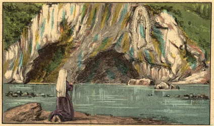 La Aparición de la Virgen María en Lourdes - La Virgen se aparece a Bernadette Soubirous (1844-1879) en Lourdes en 1858 - - Grabado de "Enseñanza religiosa por los ojos. Álbum maravilloso" de Louis Maitrejean y Georget Ramond - Francia 1910