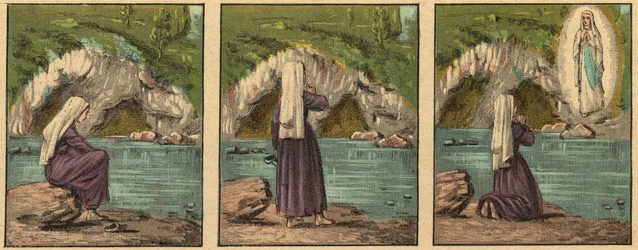 La Aparición de la Virgen María en Lourdes - La Virgen se aparece a Bernadette Soubirous (1844-1879) en Lourdes en 1858 - - Grabado de "Enseñanza religiosa por los ojos. Álbum maravilloso" de Louis Maitrejean y Georget Ramond - Francia 1910