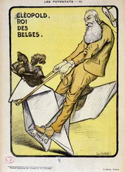 Caricatura de Leopoldo, Rey de los Belgas en un caballo de papel - por Louis Malteste, en “La Vie en Rose” del 09/03/1902