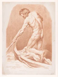 Hombre desnudo remando, visto desde atrás