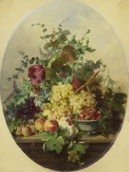 Bodegón con frutas y flores
