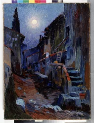 Auriol, callejón con luz de luna Pintura de Louis Mathieu Verdilhan (1875-1928) Dim. 81x59 cm Mención obligatoria: Colección fundación saludos de Provenza, Marsella