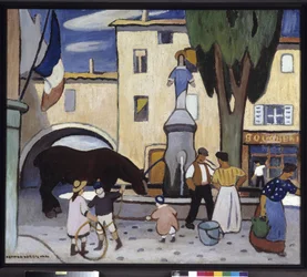 La fontaine de Trets au cheval noir Pintura de Louis-Mathieu Verdilhan (1875-1928) Siglo XX Mención obligatoria: Colección fundación saludos de Provenza, Marsella