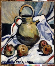 Bodegón con jarra y manzanas Pintura de Louis Mathieu Verdilhan (1875-1928) Dim. 55x46 cm Mención obligatoria: Colección Fundación Saludos de Provenza, Marsella
