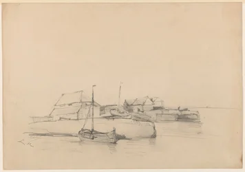 Casas y dos barcos cerca de la orilla