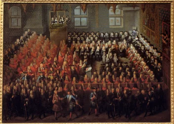 Cama de Justicia celebrada por Luis XV (1710-1774) en la Gran Cámara del Parlamento de París para romper el testamento de Luis XIV (1638-1715)